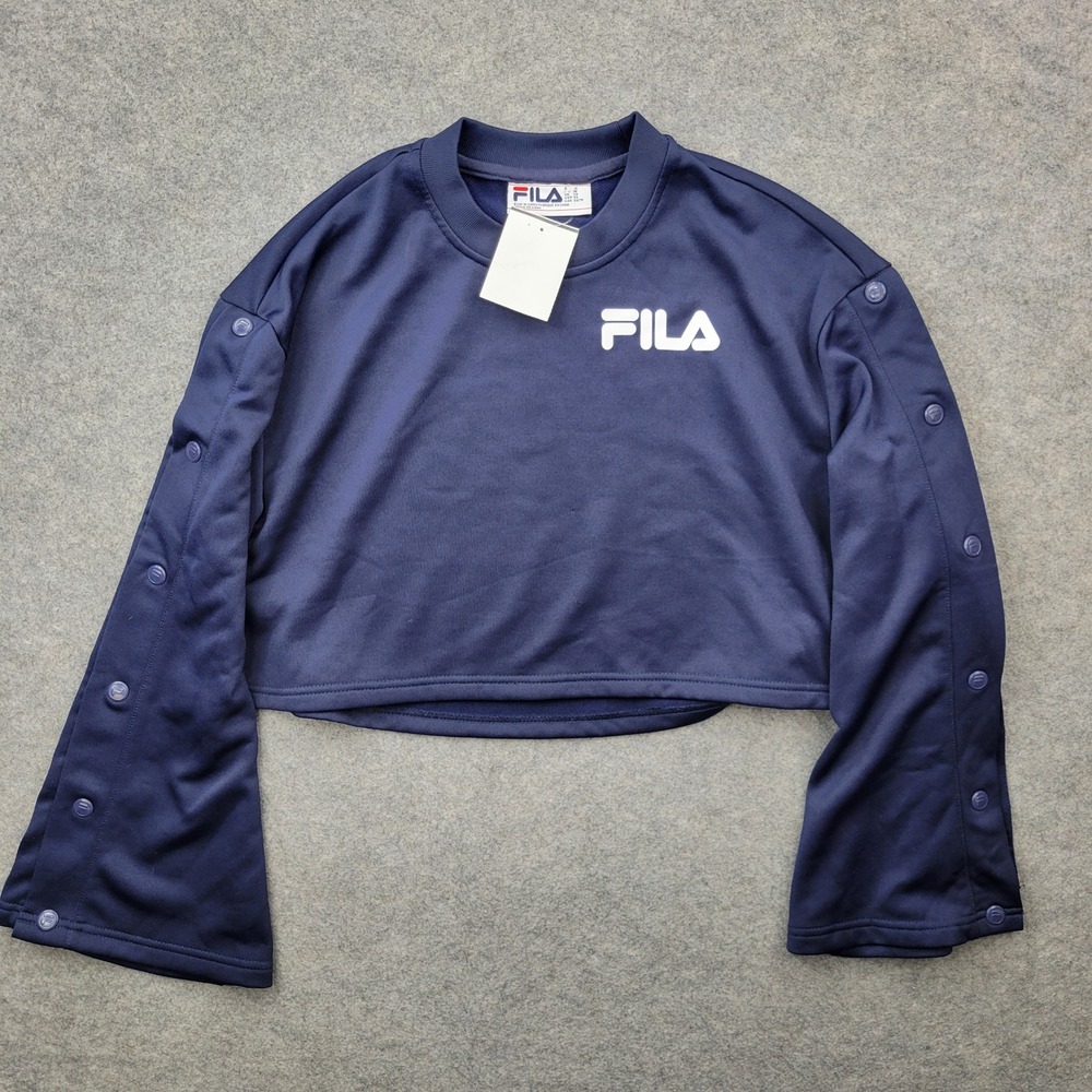 Fila Womens Navy Blue Cropped‎ Sweatshirt Snap Button Sleeve Logo XS 40282